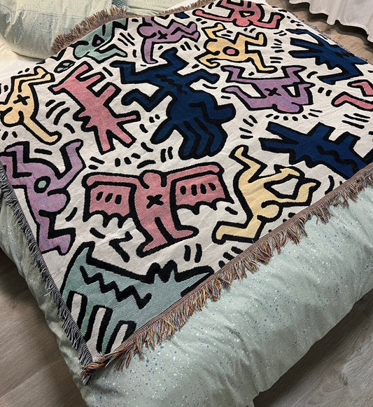Keith Haring Graffiti Casual Tapestry Blanket Throws Color and Black and White Street Art Blanket Throw LGBTQ Decor