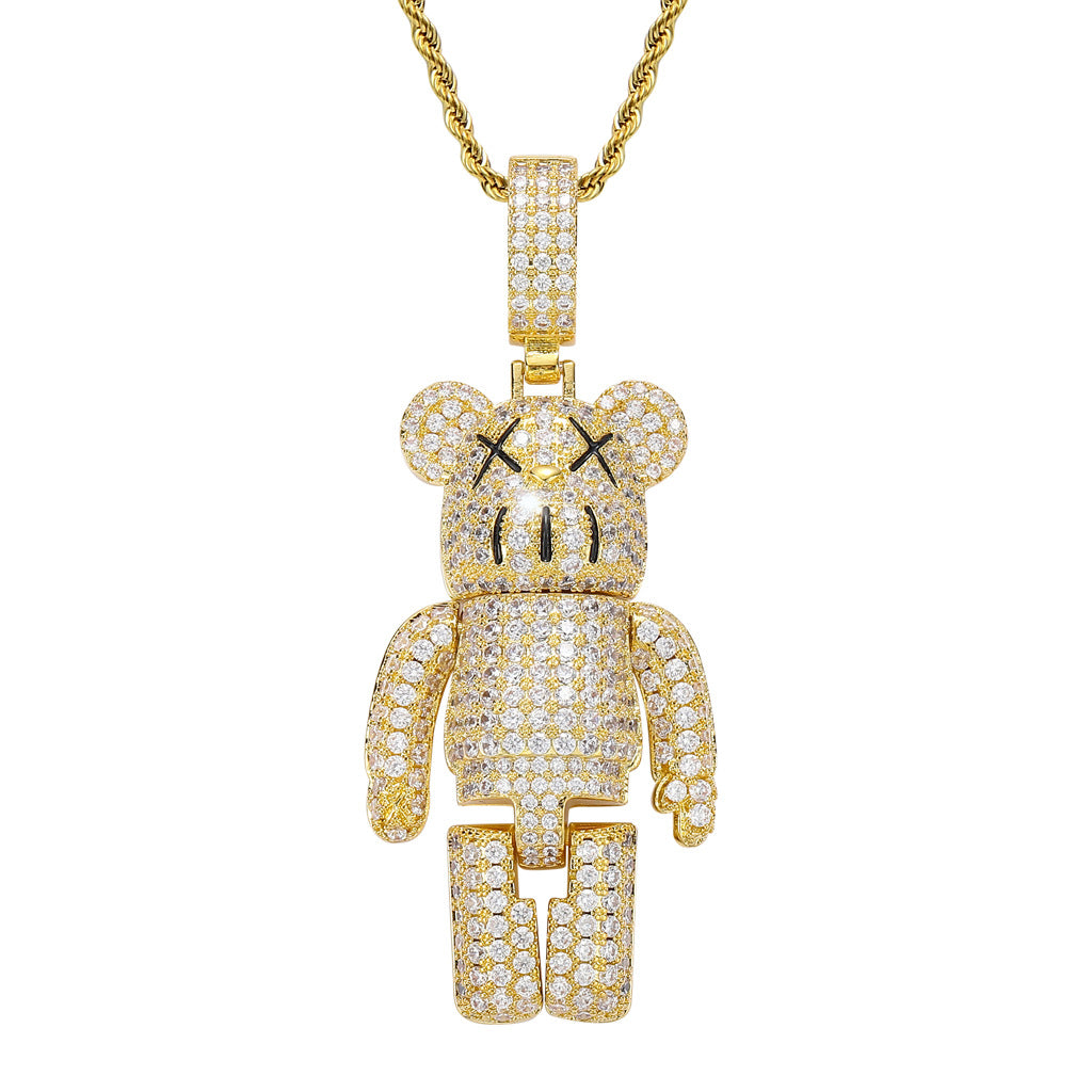 Handmade 14K gold plated KAWS pendant necklace key fob Iced-out