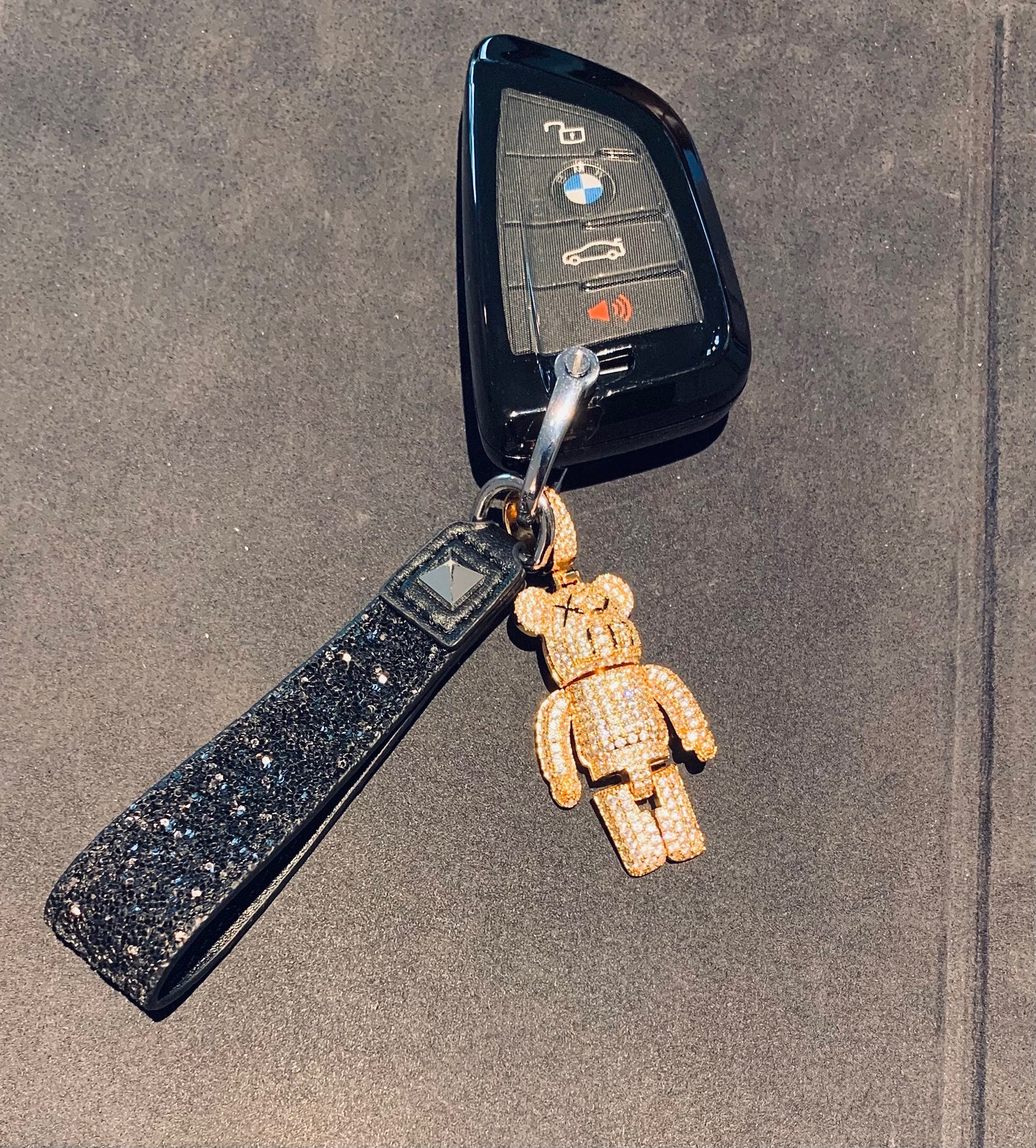 Handmade 14K gold plated KAWS pendant necklace key fob Iced-out