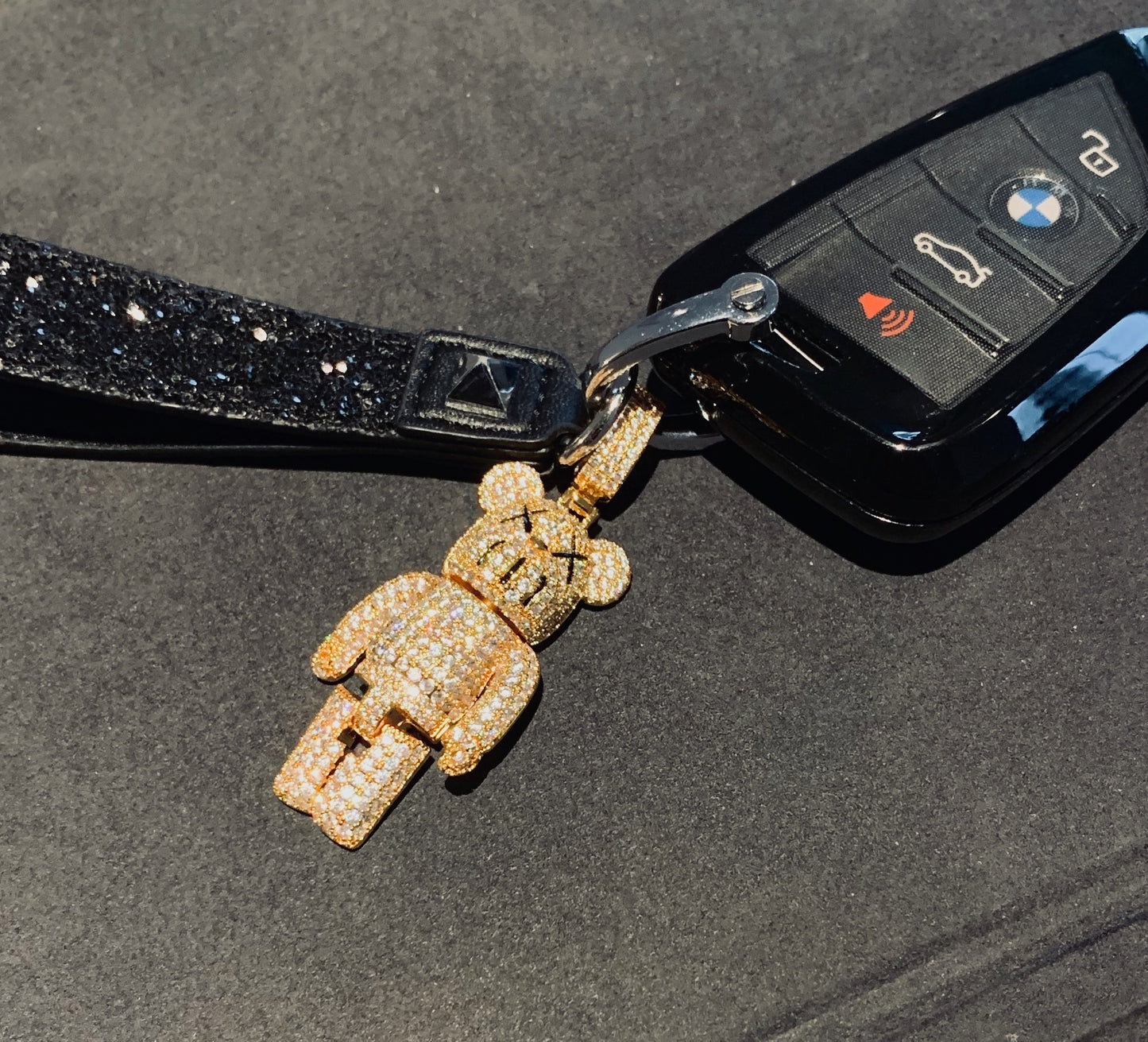 Handmade 14K gold plated KAWS pendant necklace key fob Iced-out