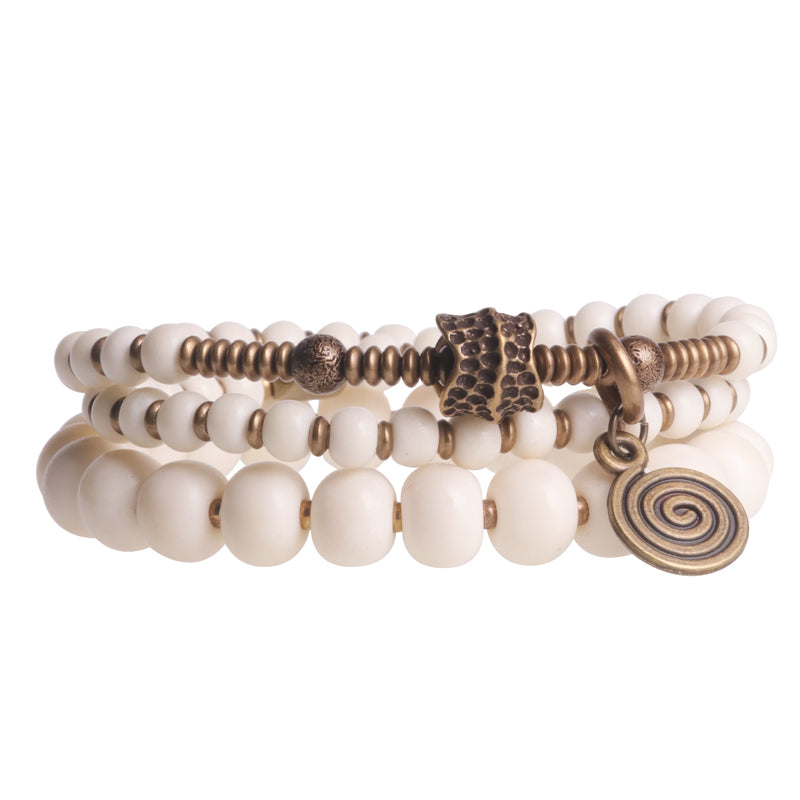 Genuine Tibetan Deer Bone Multilayer Bracelet Set with Retro Hammered Brass
