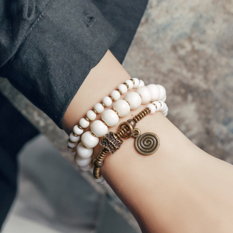 Genuine Tibetan Deer Bone Multilayer Bracelet Set with Retro Hammered Brass