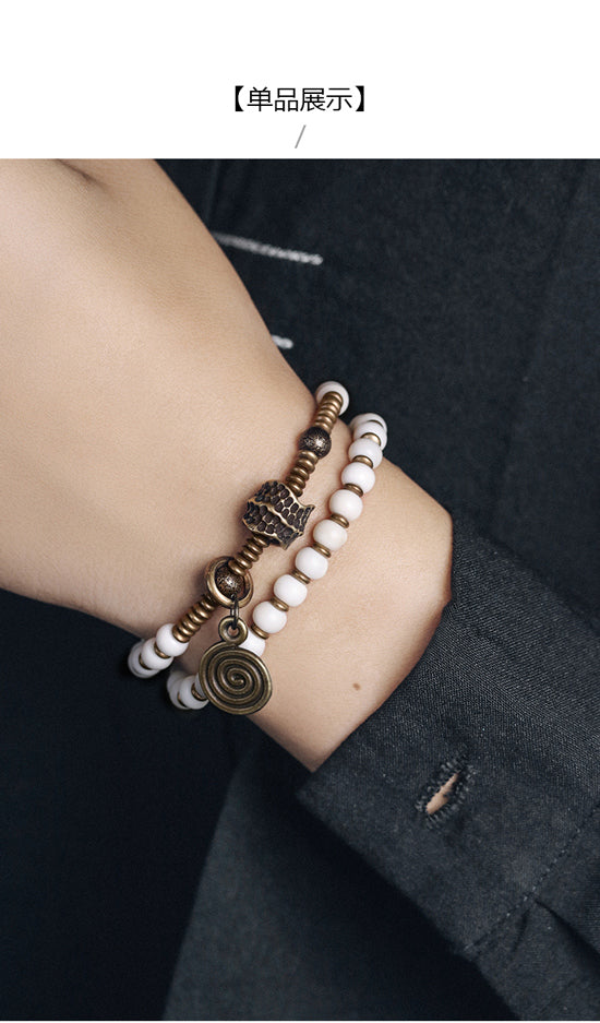 Genuine Tibetan Deer Bone Multilayer Bracelet Set with Retro Hammered Brass