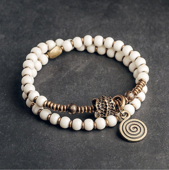 Genuine Tibetan Deer Bone Multilayer Bracelet Set with Retro Hammered Brass