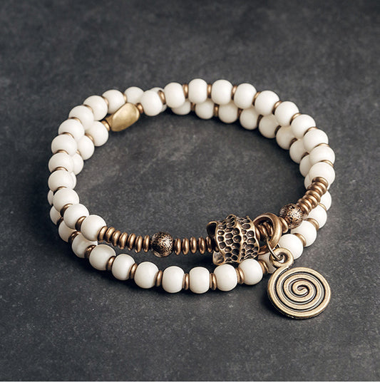 Genuine Tibetan Deer Bone Multilayer Bracelet Set with Retro Hammered Brass