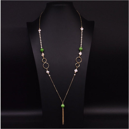 Handmade Natural Pearl Jade 30 inch Long Pendant Necklace with Gold Tassel