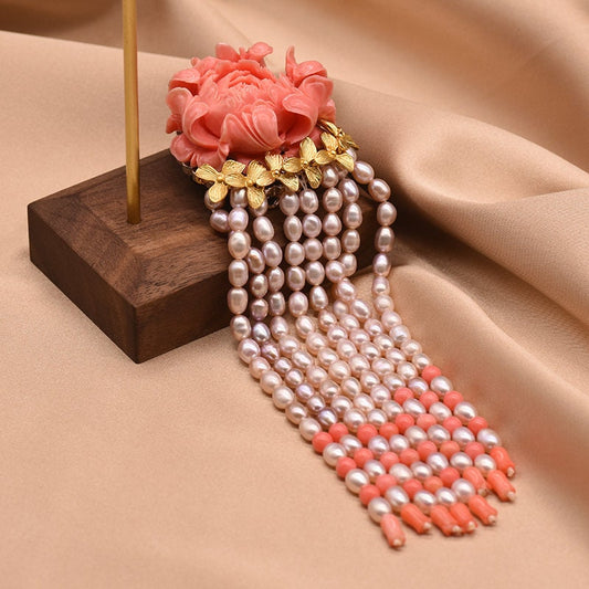 Handmade Luxury Coral Rose Natural Pearl Tassel Brooch Pendant