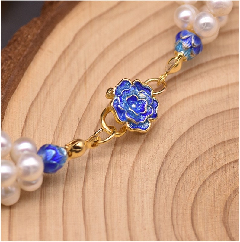 Cloisonne Enamel Wind Three Layer Pearl Bracelet with Natural Fresh Water Pearls