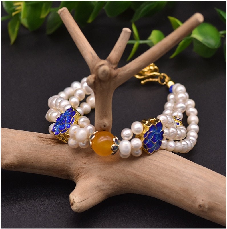 Cloisonne Enamel Wind Three Layer Pearl Bracelet with Natural Fresh Water Pearls