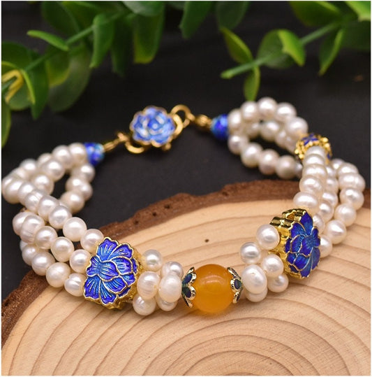 Cloisonne Enamel Wind Three Layer Pearl Bracelet with Natural Fresh Water Pearls