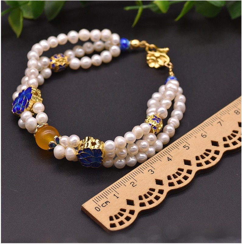 Cloisonne Enamel Wind Three Layer Pearl Bracelet with Natural Fresh Water Pearls