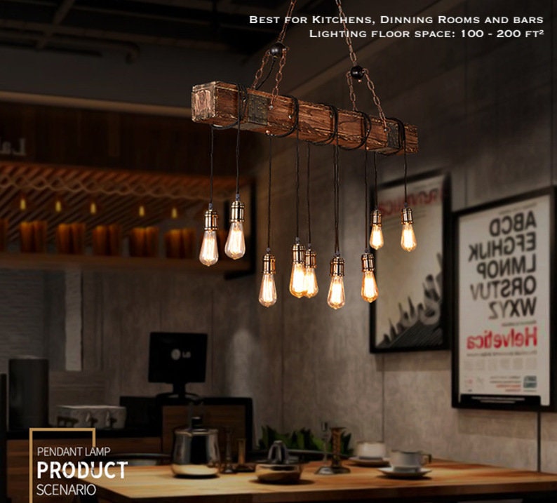 Farmhouse Wood Bar Retro Rustic Chandelier - Suspended Pendant Light with 9 bulbs