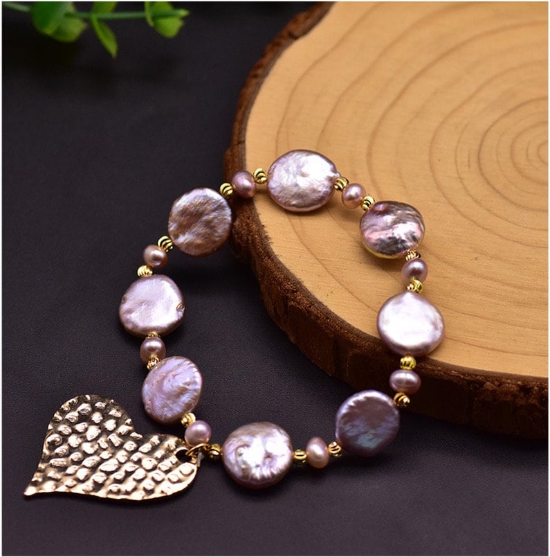 Natural Purple Baroque Pearls Bracelets with Big Love Heart Pendant