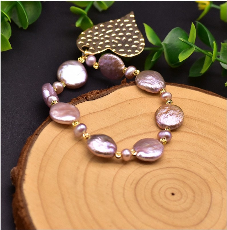 Natural Purple Baroque Pearls Bracelets with Big Love Heart Pendant