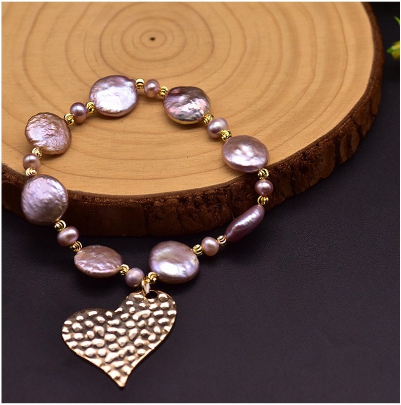 Natural Purple Baroque Pearls Bracelets with Big Love Heart Pendant