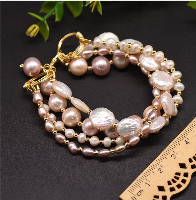 Natural Freshwater Pearl 4-layer Bracelet with 18K Gold Plated Strand