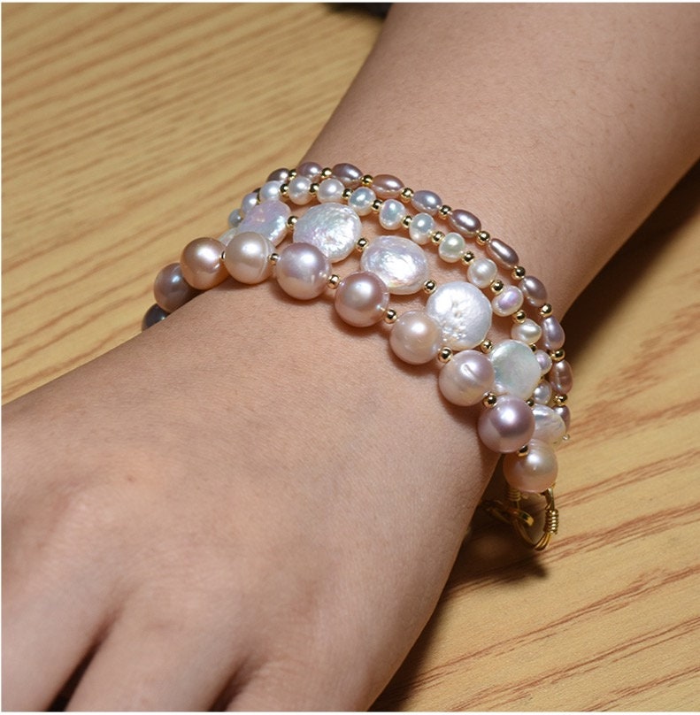 Natural Freshwater Pearl 4-layer Bracelet with 18K Gold Plated Strand
