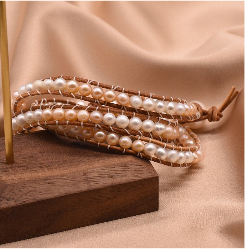 Natural Fresh Water Pearl with Genuine Leather Strand Bracelet