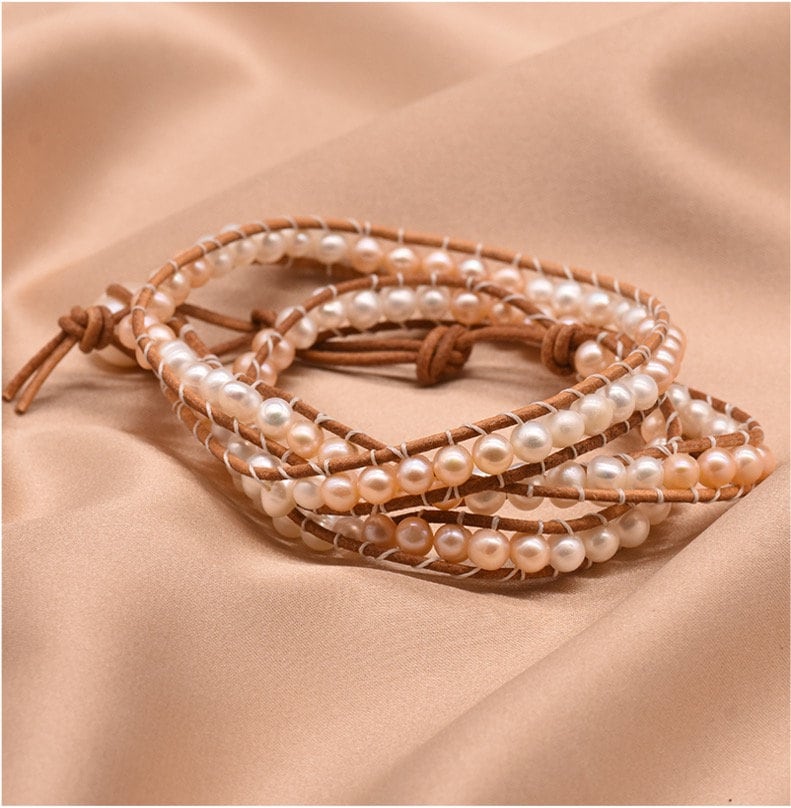 Natural Fresh Water Pearl with Genuine Leather Strand Bracelet