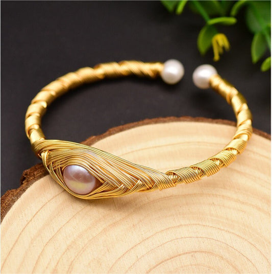 Natural Fresh Water Purple Pearl Adjustable Eye Bangle Cuff Bracelet