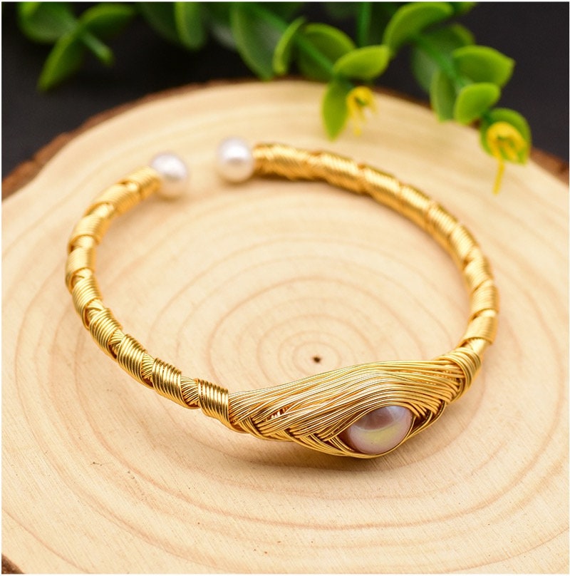 Natural Fresh Water Purple Pearl Adjustable Eye Bangle Cuff Bracelet