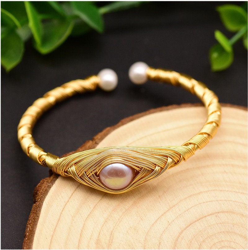 Natural Fresh Water Purple Pearl Adjustable Eye Bangle Cuff Bracelet