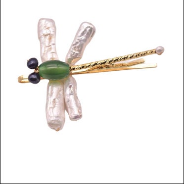 Dragonfly Hairpin with Pure Natural Fresh Water Pearl and Jade with 18K Gold Plated pin