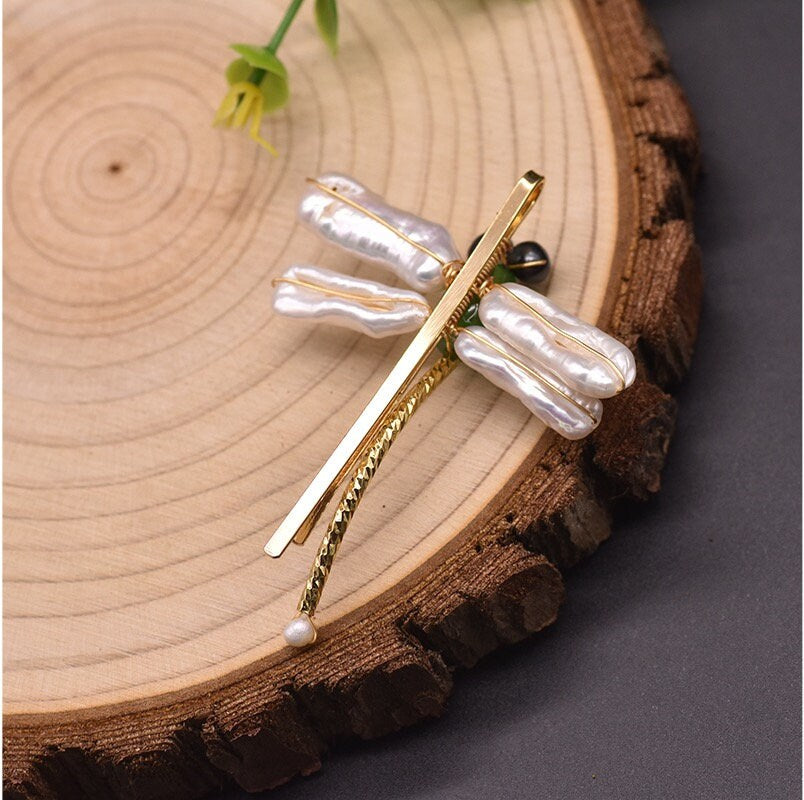 Dragonfly Hairpin with Pure Natural Fresh Water Pearl and Jade with 18K Gold Plated pin