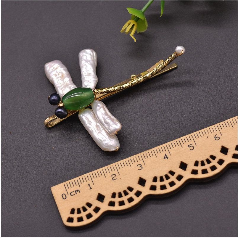 Dragonfly Hairpin with Pure Natural Fresh Water Pearl and Jade with 18K Gold Plated pin