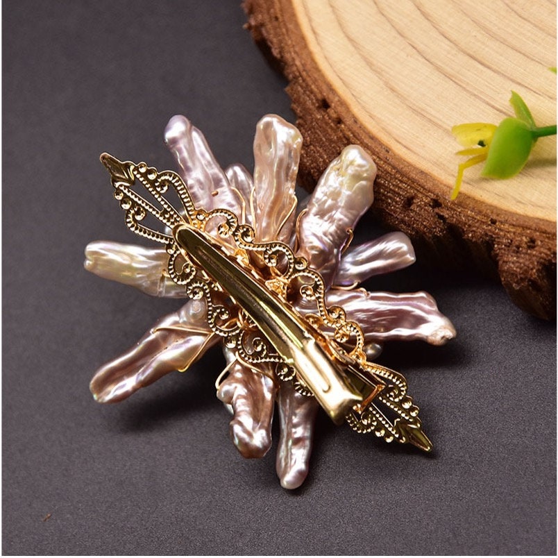 Natural Freshwater Baroque Pink Purple Pearl Floral HairPin