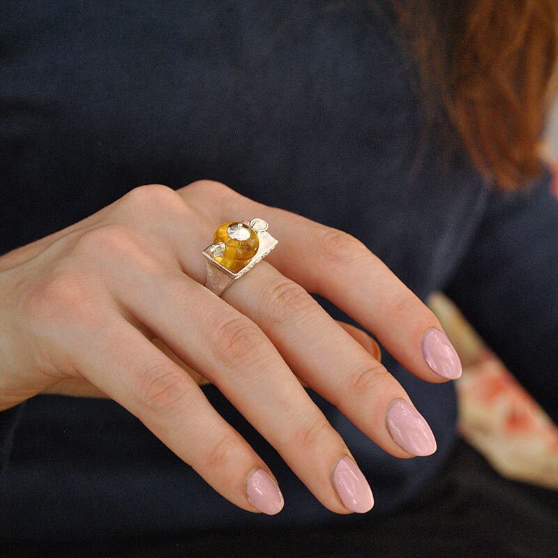 Vintage design 925 silver Cute Teapot amber gemstone ring
