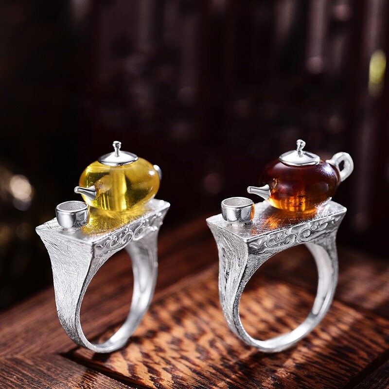 Vintage design 925 silver Cute Teapot amber gemstone ring