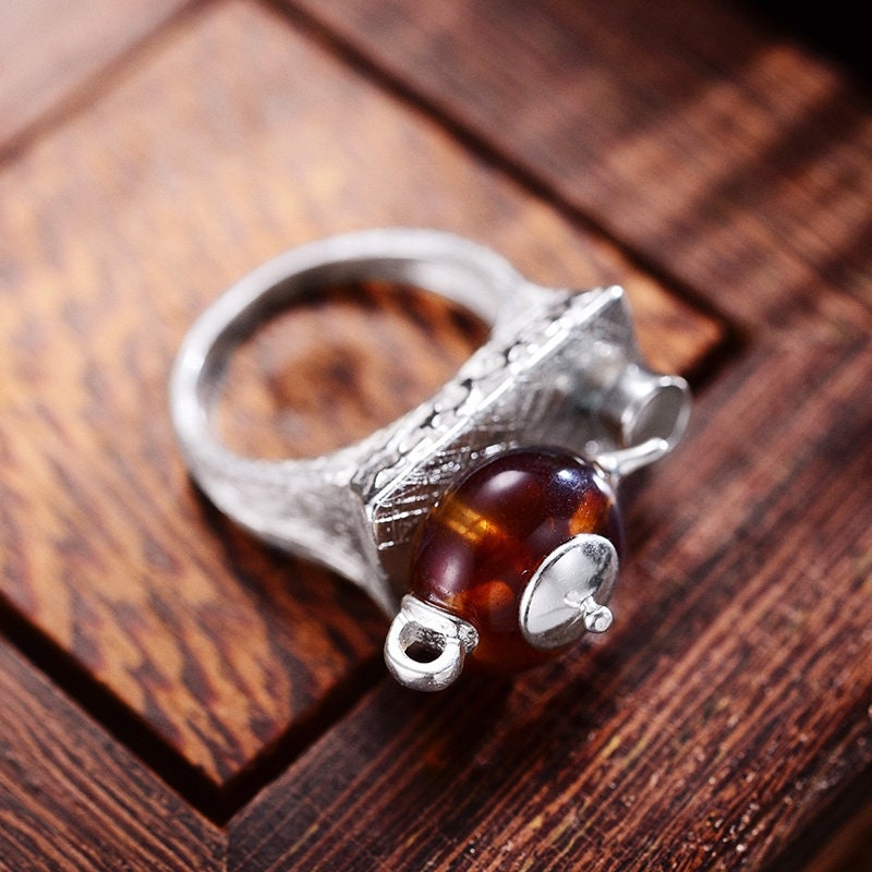 Vintage design 925 silver Cute Teapot amber gemstone ring
