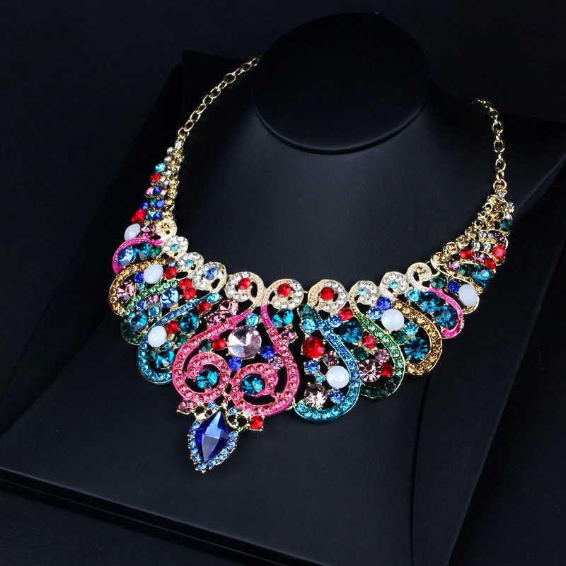 Peacock Crystal Wedding Bridal necklace earrings Set Boutique African Luxury Jewelry