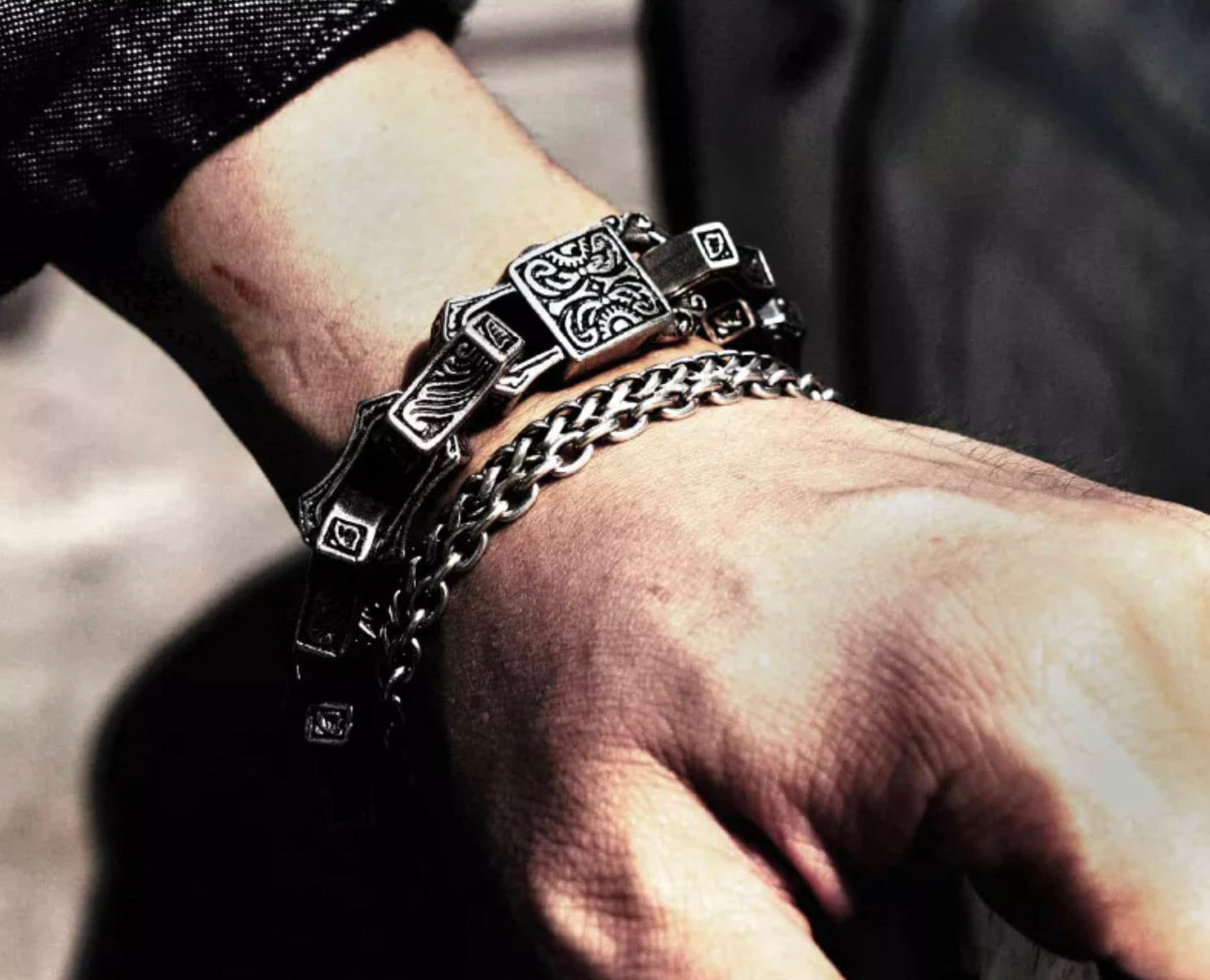 Vintage Handmade Heavy Metal Carved Black Punk Bracelet