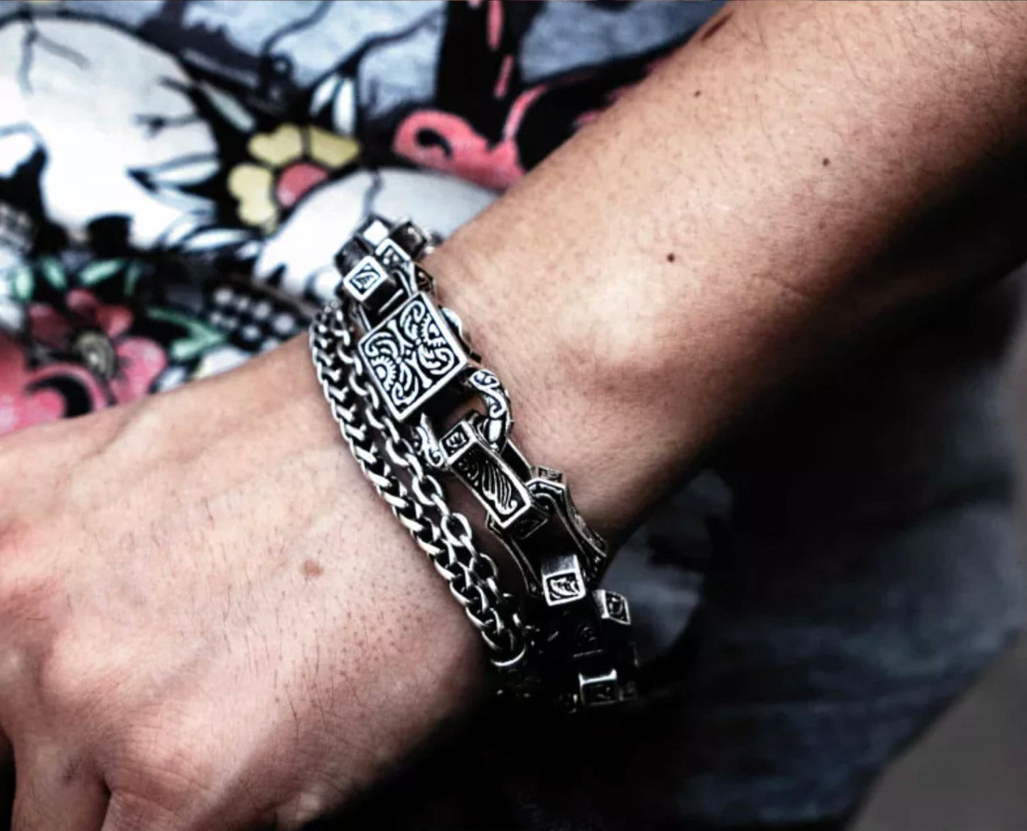 Vintage Handmade Heavy Metal Carved Black Punk Bracelet