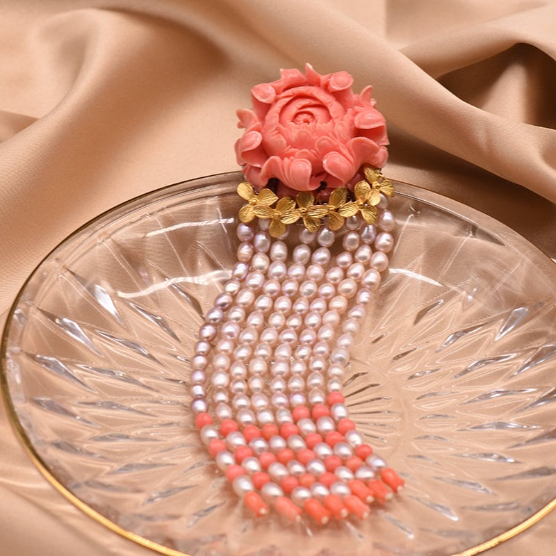 Handmade Luxury Coral Rose Natural Pearl Tassel Brooch Pendant