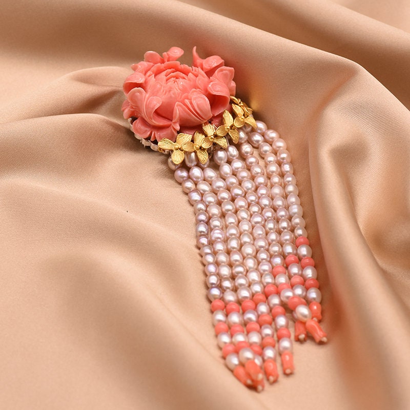 Handmade Luxury Coral Rose Natural Pearl Tassel Brooch Pendant