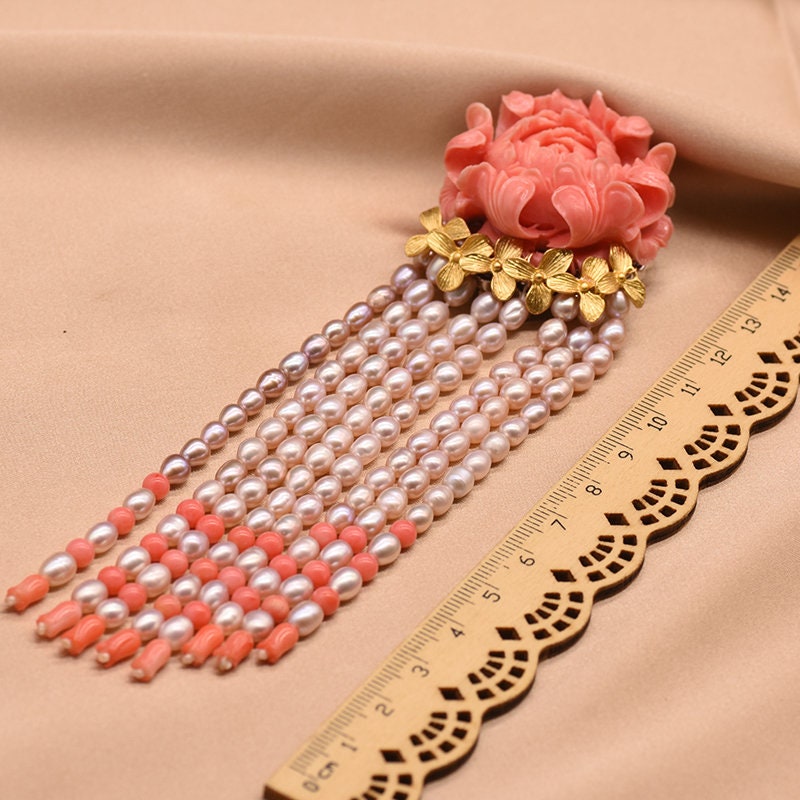 Handmade Luxury Coral Rose Natural Pearl Tassel Brooch Pendant