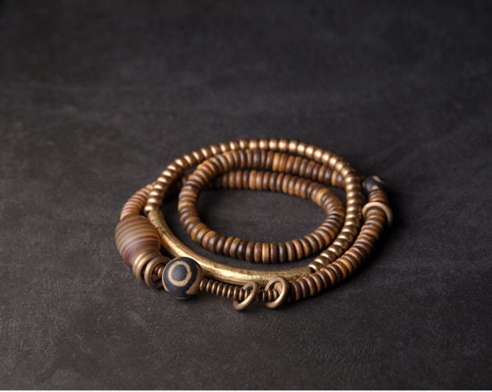 Tibetan Pyu Dzi Multilayer Bracelet Set with Natural Sandalwood Agate and Retro Brass