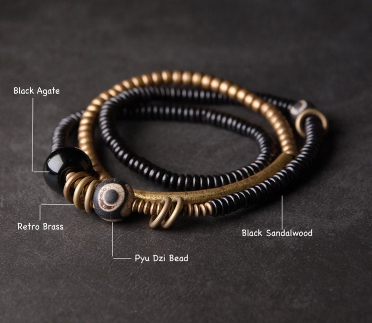 Tibetan Pyu Dzi Multilayer Bracelet Set with Natural Sandalwood Agate and Retro Brass