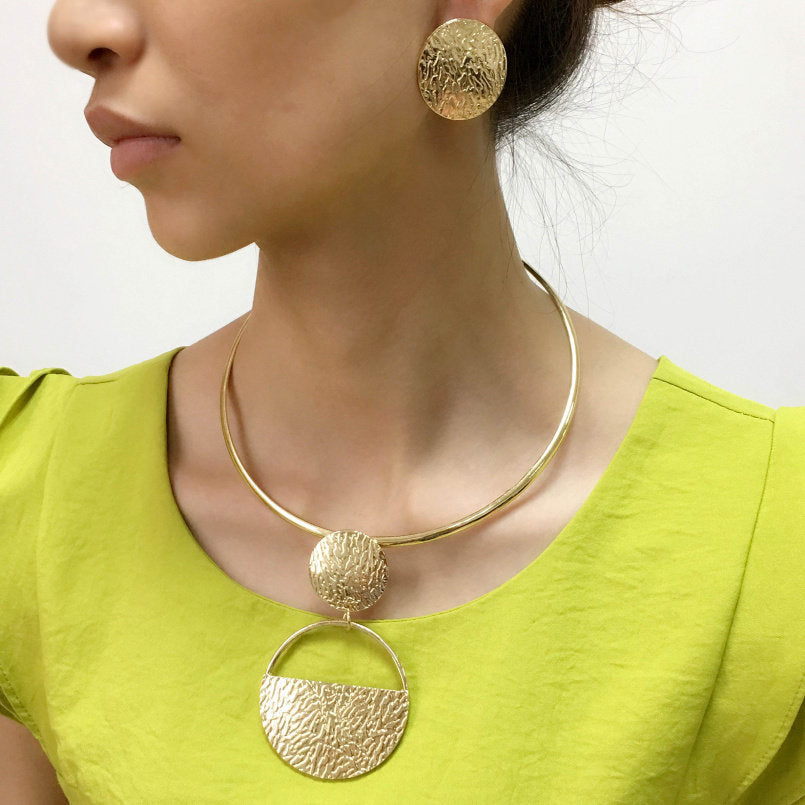 18K Gold Plated Big Fan Geometric Choker Necklace Earrings Jewelry Set