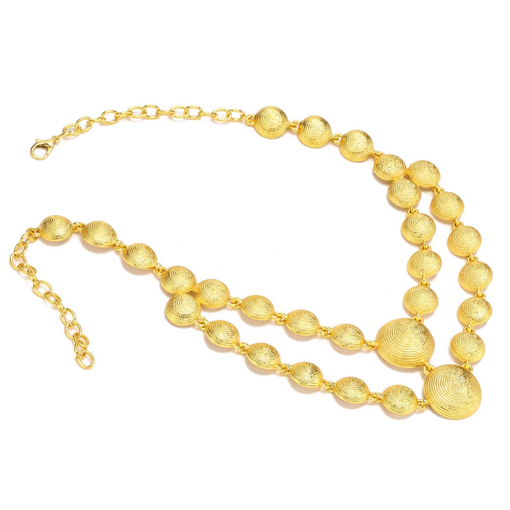 Large Geometric Pattern African Style 18K Gold Plated Bridal Choker Necklace Stud Earrings Ring Jewelry Set