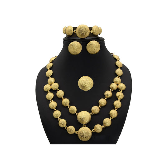 Large Geometric Pattern African Style 18K Gold Plated Bridal Choker Necklace Stud Earrings Ring Jewelry Set