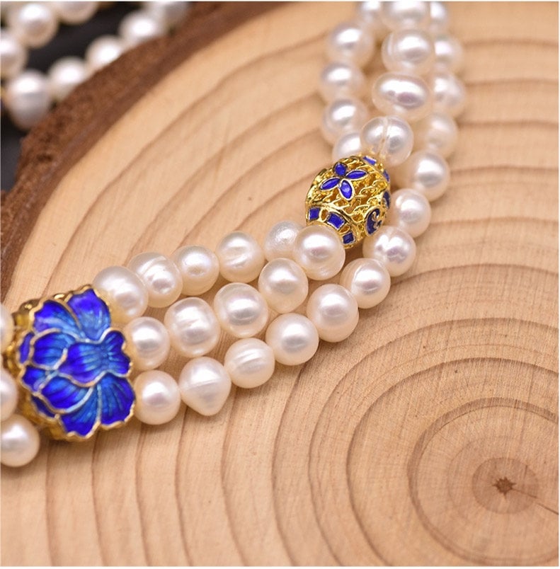 Cloisonne Enamel Wind Three Layer Pearl Bracelet with Natural Fresh Water Pearls