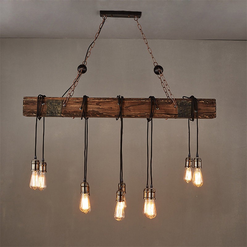 Farmhouse Wood Bar Retro Rustic Chandelier - Suspended Pendant Light with 9 bulbs