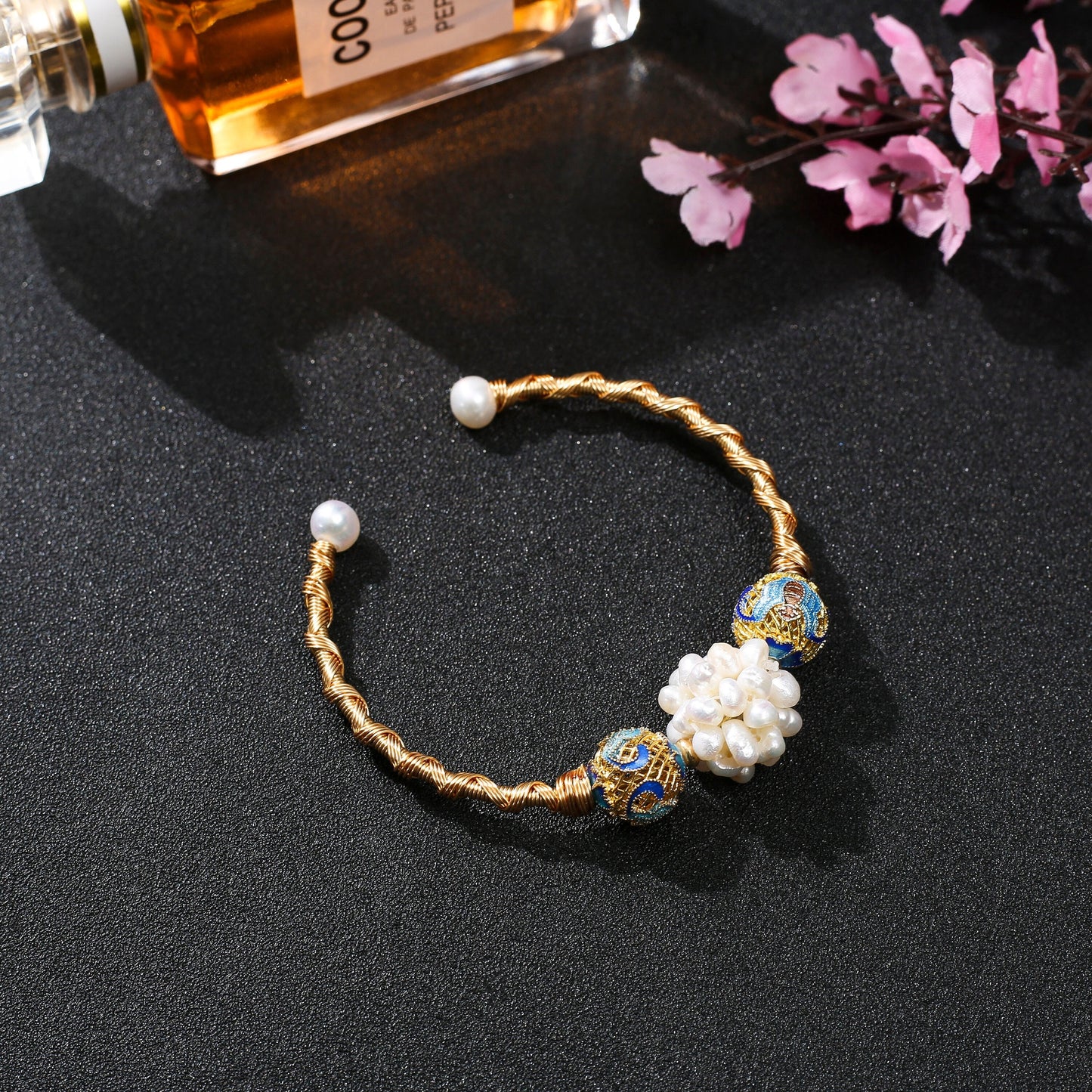 Natural Fresh Water Floral Pearl Bangle Bracelet 18K Gold Plated with Cloisonné Globular