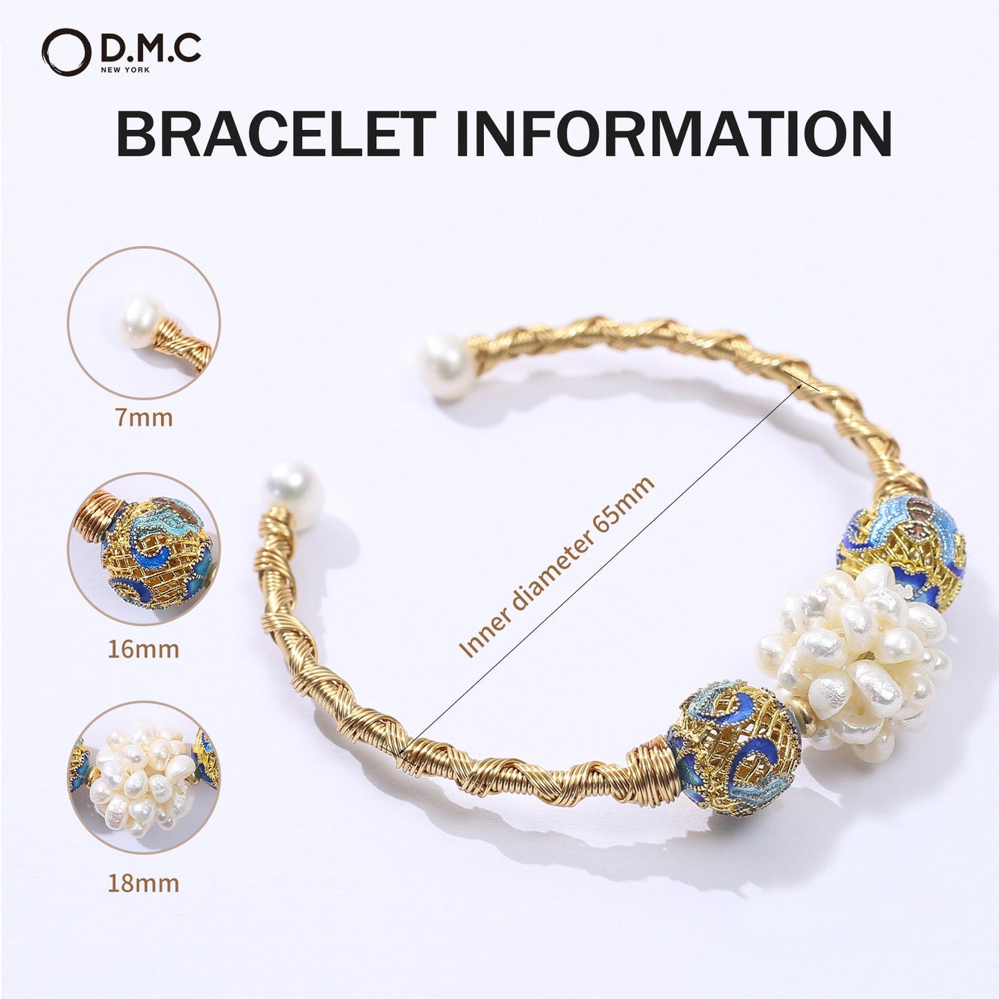 Natural Fresh Water Floral Pearl Bangle Bracelet 18K Gold Plated with Cloisonné Globular