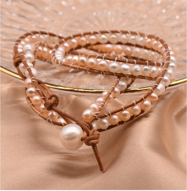 Natural Fresh Water Pearl with Genuine Leather Strand Bracelet