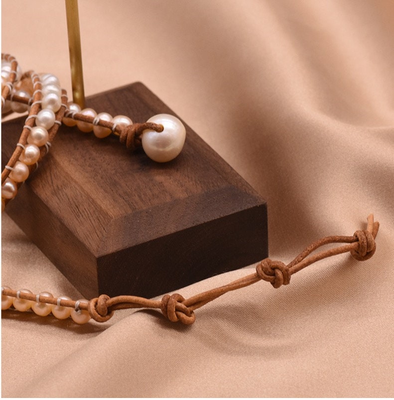 Natural Fresh Water Pearl with Genuine Leather Strand Bracelet